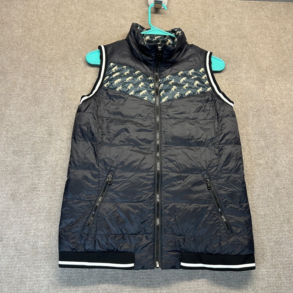 Ralph Lauren Polo Golf Reversible Down Vest Womens XS Black AOP Leopard 750 Fill